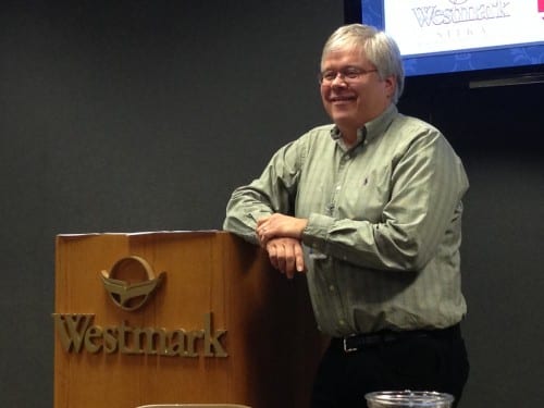 Rob Allen told Chamber members that he's been working on getting up to speed on hospital administration. "I've learned enough to be dangerous," he said. (KCAW photo/Robert Woolsey)