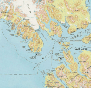 A map identifying Gull Cove, on the north end of Chichagof Island, as shown on the Gull Cove Lodge website. 