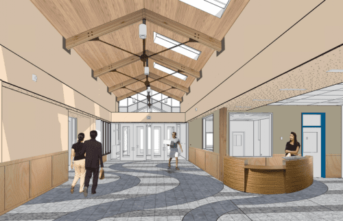 A rendering of what the new lobby would look like after the renovation of Harrigan Centennial Hall. (Image courtesy of McCool Carlson Green)