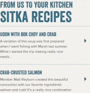 Sitka Salmon Shares range in price from $199 to $1,999 depending on the seafood package and duration. The website includes bios of the fishermen and other employees. There's also a section on recipes. 