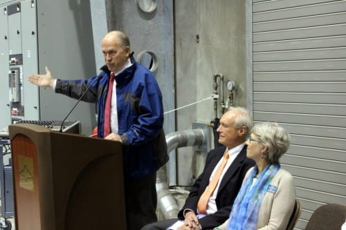 Gov. Walker at the Blue Lake Dam dedication ceremony with city administrator Mark Gorman and Mayor Mim McConnell. Walker told reporters, "There's a $3-billion hole in the budget. We need to get on with it." (KCAW photo/Rachel Waldholz) 
