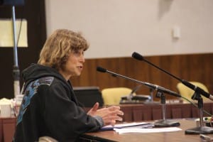 Linda Behnken, head of the Alaska Longline Fishermen's Association, testified before the council on Saturday. (Rachel Waldholz, KCAW)