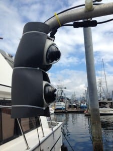 The EM cameras on the Magia, Steven Rhoads' 55-foot longliner, are mounted on an outrigger boom. "I would pay to have electronic monitoring every day, rather than be selected to carry a human observer," Rhoads told the council. (KCAW photo/Robert Woolsey)