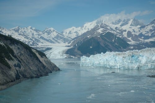 Two glaciers flow into Yakutat Bay. Glacial calving causes regular, but small, earthquakes. The Hubbard Glacier, right, sometimes surges, blocking off an arm of the bay. (Photo courtesy Wrangell-St. Elias National Park and Preserve)