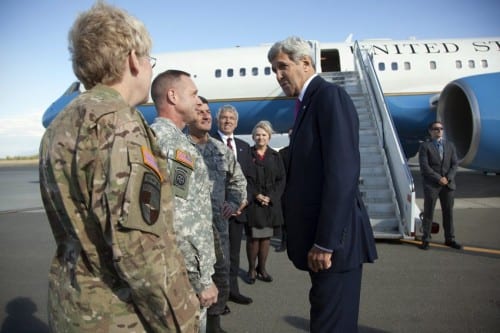 Secretary of State John Kerry arrives in Anchorage Aug. 30. Lt. Gov. Byron Mallott, in suit, and First Lady Donna Walker are among those greeting the secretary. (Photo courtesy Office of Gov. Walker)