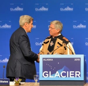 Secretary of State John Kerry shakes hands with Lt. Gov. Byron Mallott during the GLACIER climate conference in Anchorage on Aug. 31. (Photo courtesy Office of Gov. Walker)