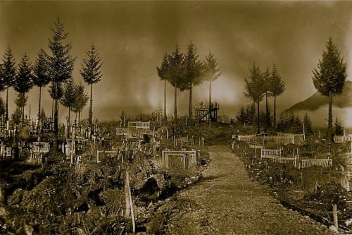 The cemetery in the 1900s. Sam estimates it is the final resting place for 1600 bodies, 400 of which are marked. All are connected with the Russian Orthodox church and many are Tlingit. (Photo courtesy of Bob Sam) 