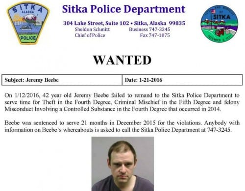 Police are looking for Jeremy Beebe, age 42, after he failed to report to the Sitka jail to serve a 21-month sentence. (Photo courtesy of SPD)