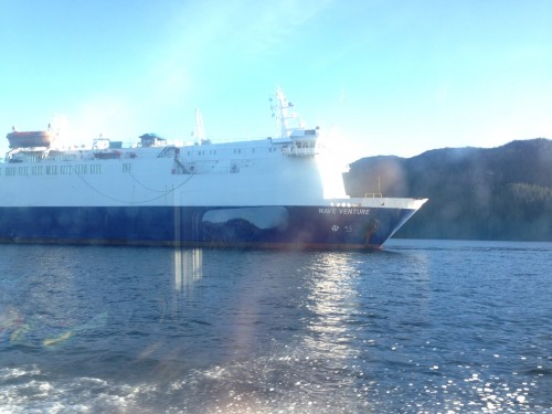 The cable repair ship Wave Venture transits Peril Strait on Thursday, en route to Salisbury Sound, where additional damaged cable was located. (KCAW photo/C. Woolsey)