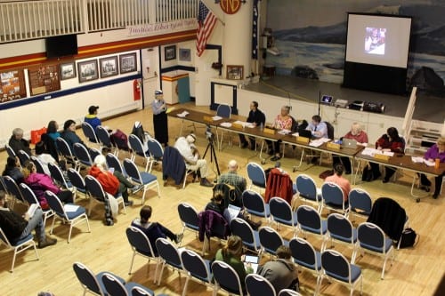 The Sitka School Board at ANB Founders Hall Monday night (3-14-16). ANB/ANS members asked for more frequent reports from the Sitka Native Education Program (SNEP), and suggested that the school board consider holding a second meeting each year in the Native community. (KCAW photo/Robert Woolsey)