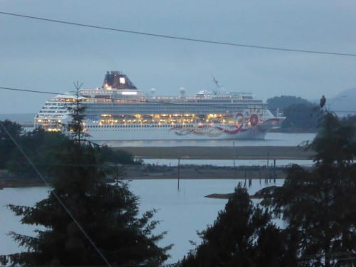 The Norwegian Sun at anchor in Sitka Thursday evening. (KCAW photo/Rich McClear)