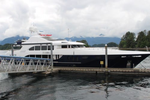 The 165' motor yacht Rebel at the O'Connell Bridge Lightering Dock. Passengers from the cruise ship Silver Shado will lighter this weekend (Sat 7-2-16) to Crescent Harbor, so that super-yachts like the Rebel can moor here. With more ships landing at the privately-owned Old Sitka Dock, the city will transition this site to "a super-yacht facility," said administrator Mark Gorman. (KCAW photo/Robert Woolsey)