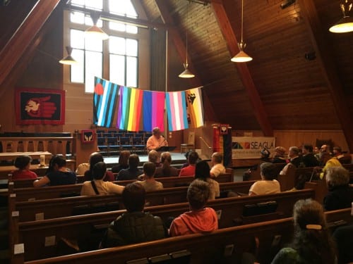 Artist Ricky Tagaban organized a Two Spirit Pride Reception to begin Juneau's pride week, held on June 11th. Speakers included Freda Westman, former Alaska Native Sisterhood Grand Camp President. The next day was the Orlando shooting. (Emily Kwong/KCAW photo)