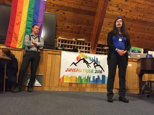 The reception was hosted at the Northern Lights Church in Juneau and sponsored by SEAGLA, the Southeast Alaska Gay and Lesbian Alliance, which celebrated its 30th anniversary this year. (Emily Kwong/KCAW photo)