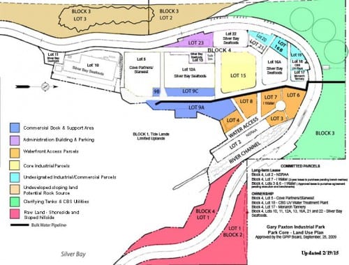 The former APC Mill clarifier tanks occupied by the Fortress of the Bear are depicted in the upper right corner of the GPIP map. The third tank is the city's recycling/scrap yard. The Fortress site has been appraised at $3.50/sq ft, or about $414,000. (GPIP image)