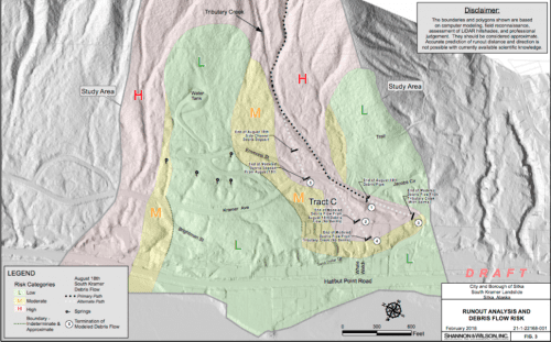 Shannon & Wilson conducted a geotechnical survey, to map future risk for properties below Gavan Hill. Red represents high risk, yellow medium risk, and green low risk.