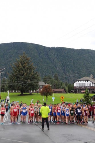 The starting line of the girl's 1A/2A/3A race in Sitka,.  (KCAW Photo/Emily Russell).