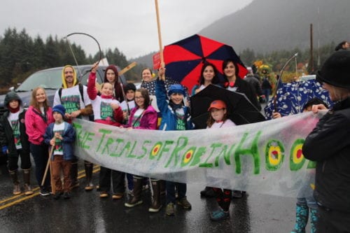 Members of the Young Performers Theater at the 2016 Alaska Day parade. (KCAW Photo/Emily Russell)