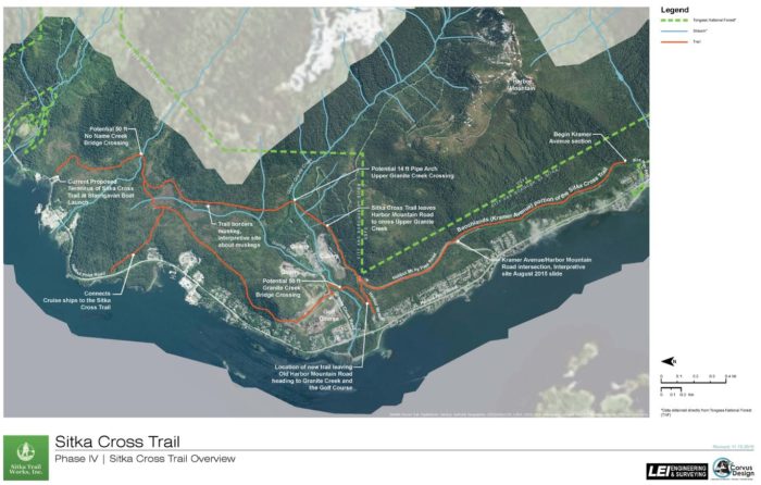 The two proposed routes of the final leg of the Cross Trail connect Kramer Avenue to Starrigavan Boat Launch. Courtesy of Sitka Trail Works.