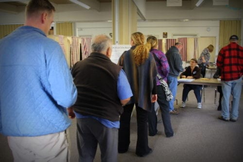 Voters lined up during the lunch hour rush at St. Gregory's church in Sitka in November 2016. Voting this year will take place in Harrigan Centennial Hall from 7 a.m. to 8 p.m. (Emily Russell/KCAW Photo)