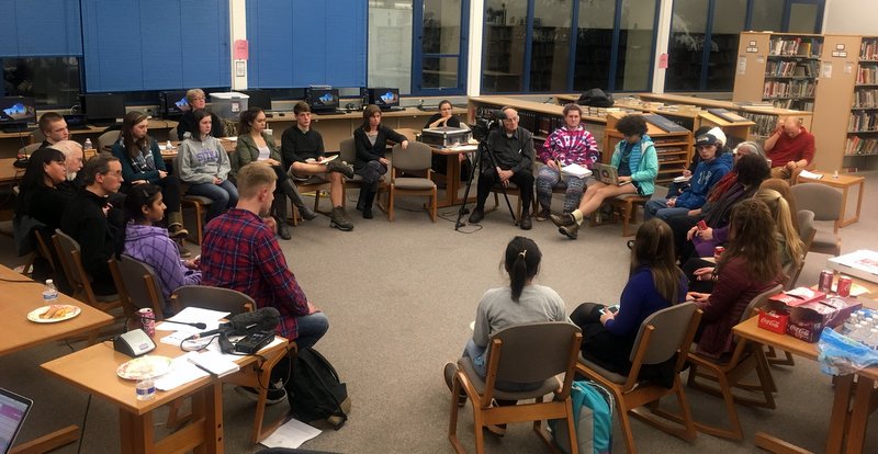 Sitka High students also were concerned about the Math program. Principal Lyle Sparrowgrove was willing to hear them out, "But the world's not asking for the things I had as a kid. They're asking for different things now." (KCAW photo/Robert Woolsey)