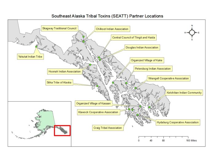A new lab in Sitka tests regularly for shellfish toxins and is now teaching more than a dozen tribes in the region to do the same. (Map courtesy of the Sitka Tribe of Alaska)