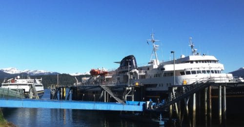 The ferries Matanuska, right, and Fairweather, left, dock at Juneau's Auke Bay terminal May 20, 2016. The larger ship is delayed in its return to service after an overhaul. (Photo by Ed Schoenfeld, CoastAlaska News)