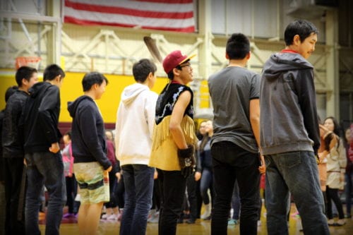 Boys dancing at Mt. Edgecumbe during Founders Week. (Emily Russell/KCAW)