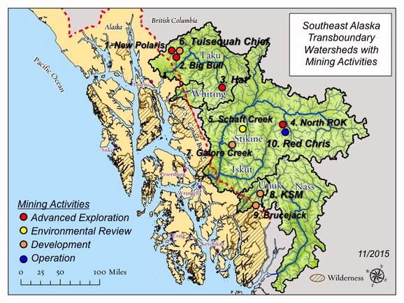 The group Salmon Beyond Borders identified 10 mines or exploration sites its says threaten Southeast Alaska fisheries. (Image courtesy Salmon Beyond Borders)