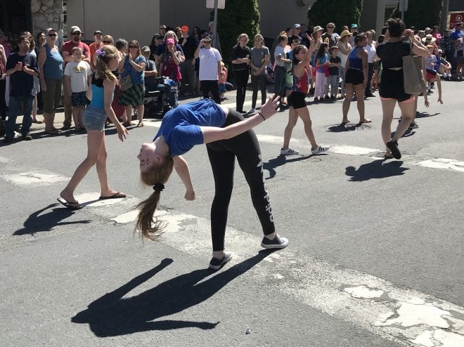 Gymnast finishing her aerial. 