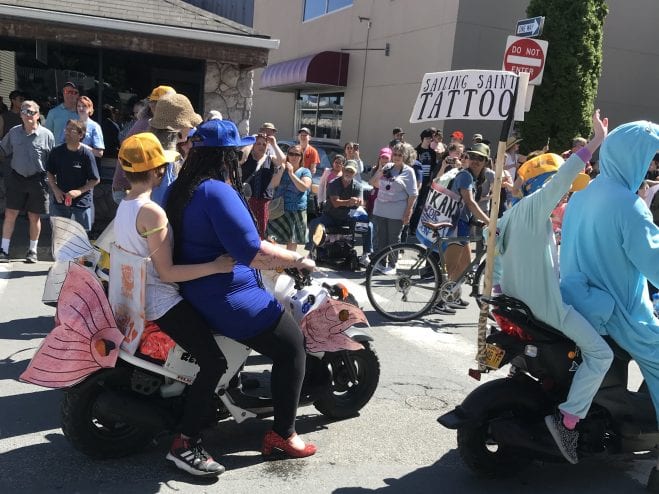 Savannah Rose rides her motorbike in a Stand for Salmon demonstration..