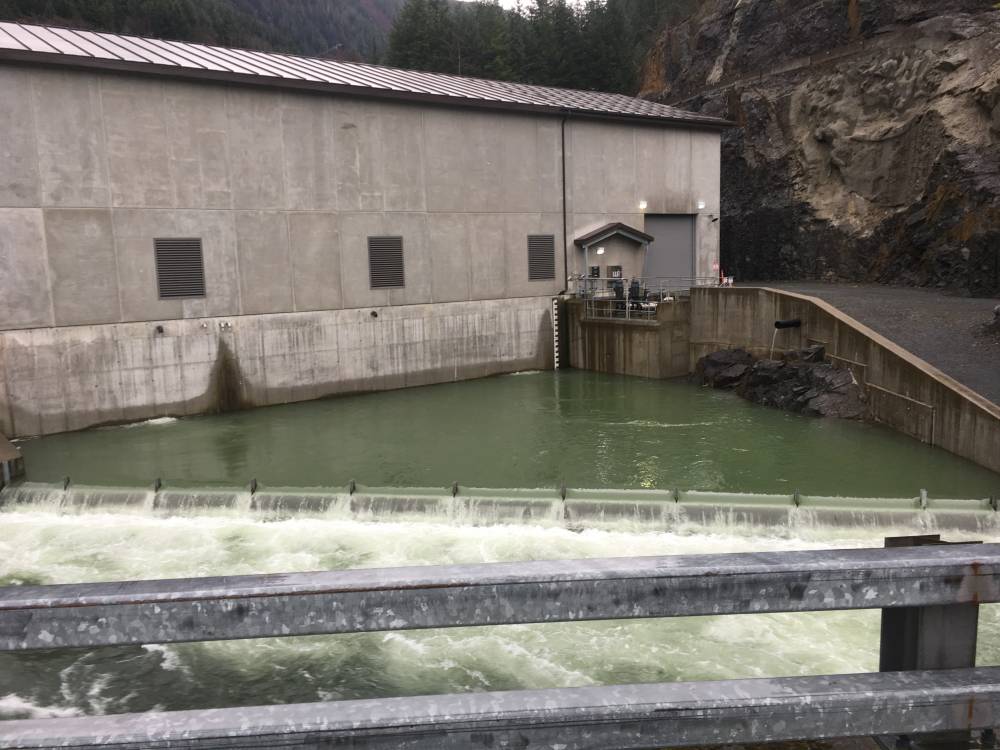 The City of Sitka shut off water supplied from Blue Lake after registering high turbidity levels early Sunday morning, shown above in the hydro electric afterbay. Environmental Superintendent Shilo Williams said the green water is a sign of glacial silt introduced to the water by heavy rains this weekend. (Photo courtesy of Shilo Williams)