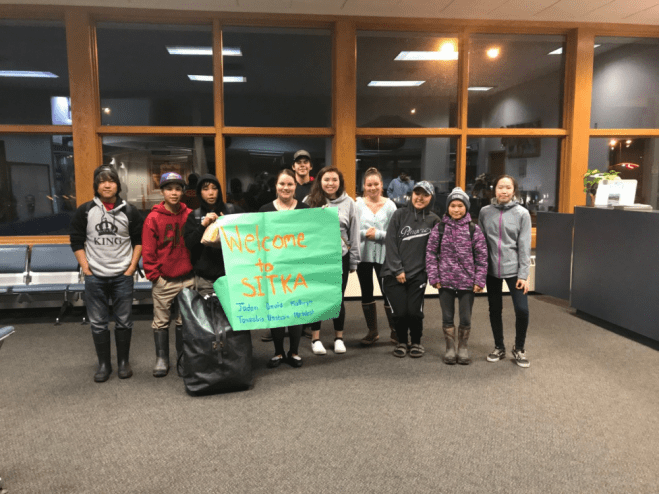 When students from Napakiak landed in the Rocky Gutierrez Airport, Sitka High School students were there to welcome them. (Photo courtesy of Keri Gray)
