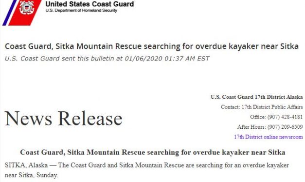 Search underway for missing kayaker near Sitka