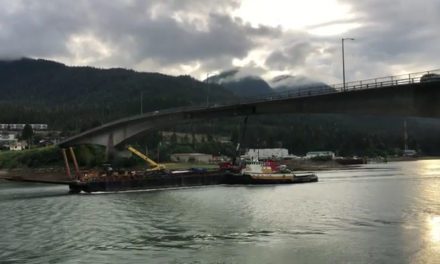Crane snags Douglas Bridge while leaving Juneau port