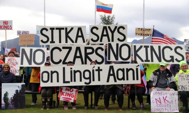 ‘No czars, no kings’: 400 Sitkans rally in protest atop Castle Hill