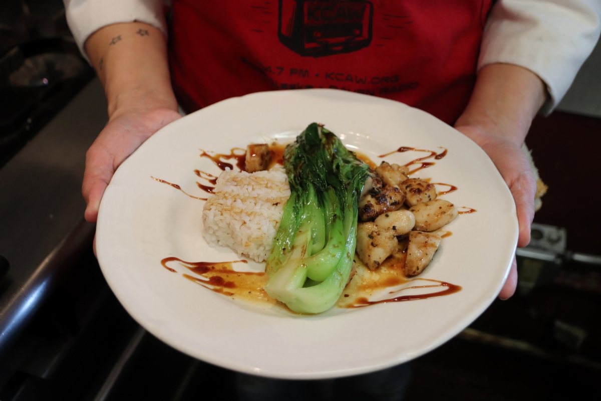 Beak's staple black cod tips dish, with bok choi and rice on the side (KCAW/Cotter)